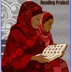 A mother and a daughter both wearing hajaibs reading a book together.